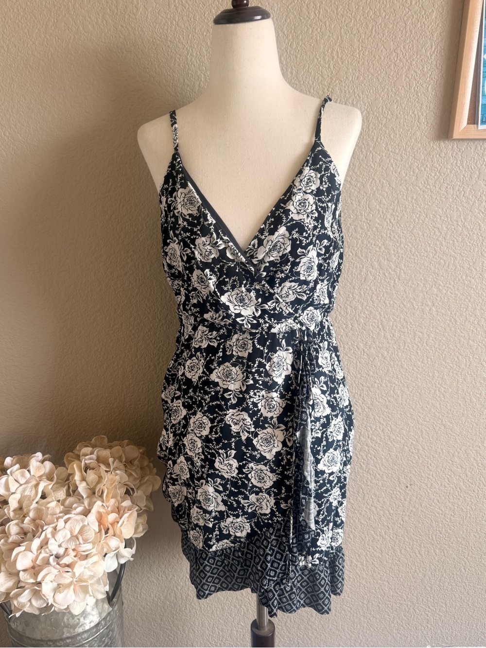Lily Rose Black Floral Wrap Midi Dress with White Roses